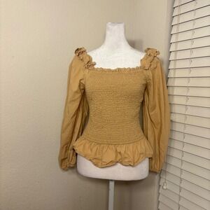 The Drop size L tan shirred long puff sleeve fitted milkmaid cottagecore top